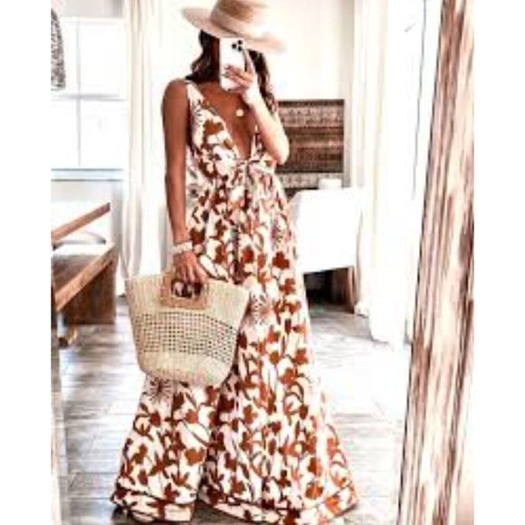 Aakaa Floral Maxi Dress Women Sz S Reddish Brown & White Summer - Picture 14 of 14